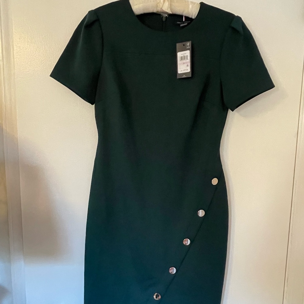 NEW Tommy Hilfiger Emerald Green with Gold TH Buttons Asymmetrical Dress